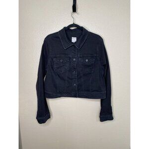 Wax Jean Womens Black Cropped Denim Jacket 2XL‎ Stretch Button Front Collared